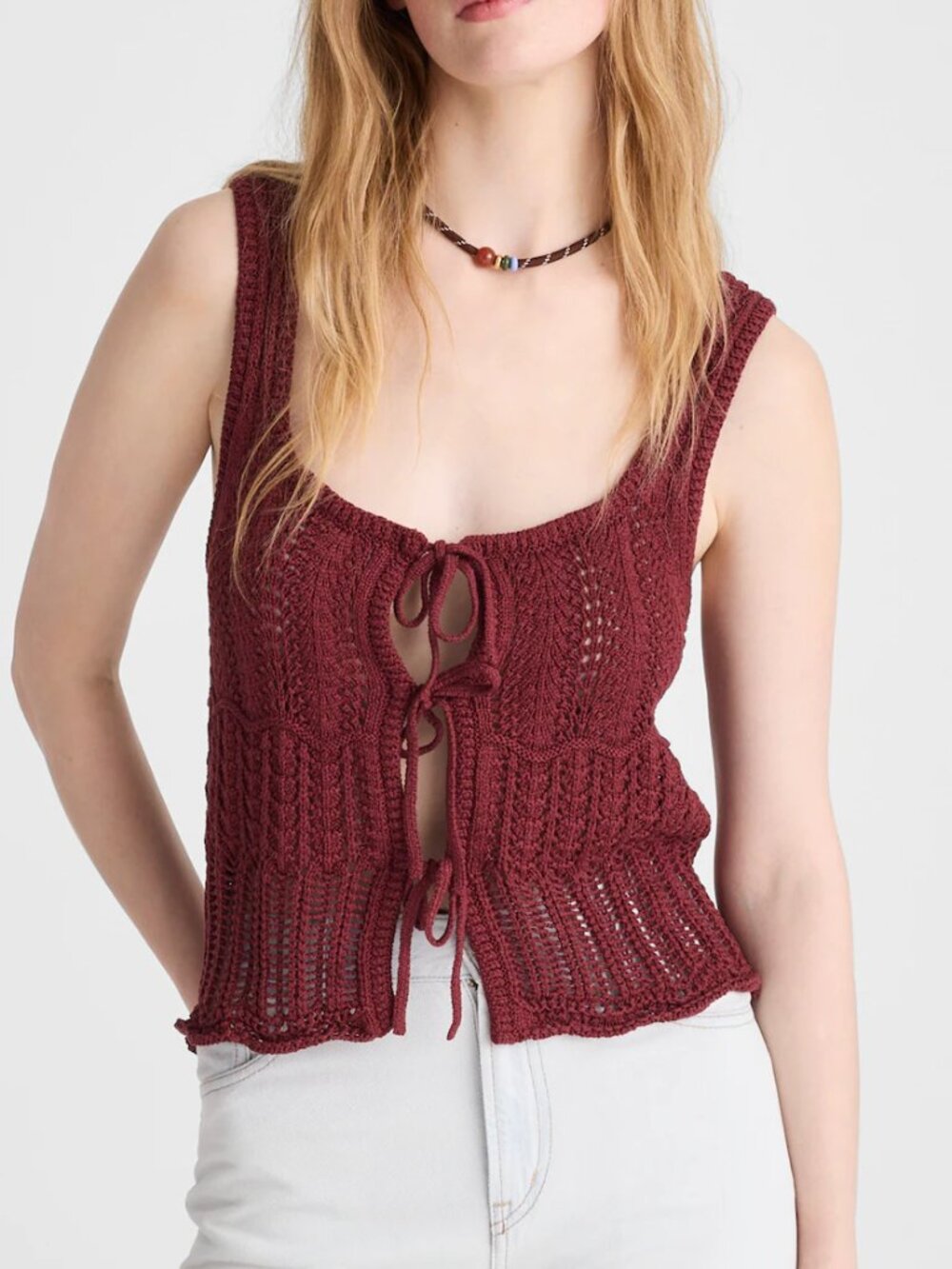 Madewell Pointelle Stitch Cotton Cropped Tie Front Sweater Tank Marron M NWT
